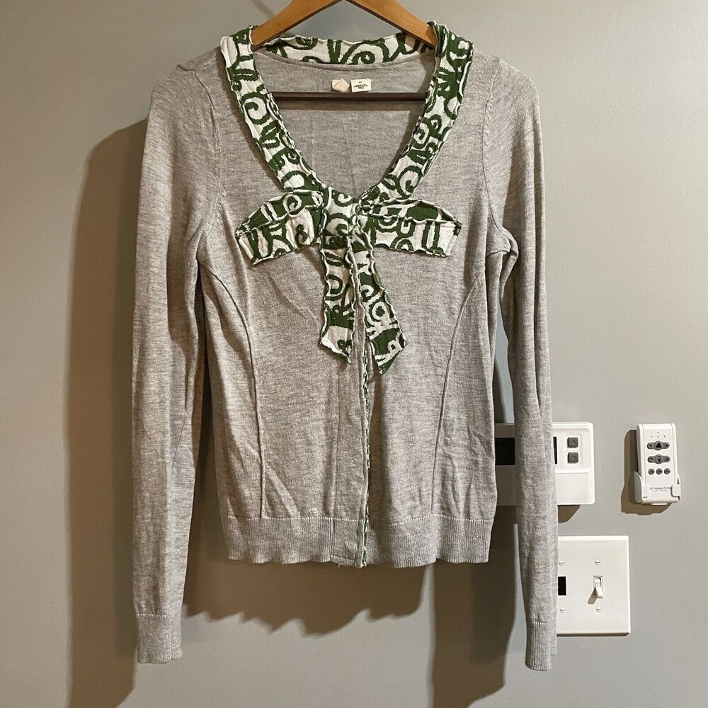 Anthropologie Moth Sweater Cardigan Heather Gray Green Bow Wool Blend Sz‎ S